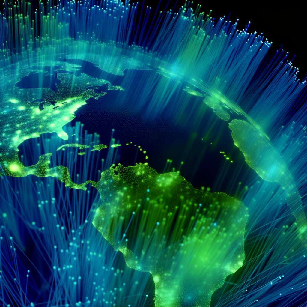 fiber optic network map in greens and blues coming out the Caribbean